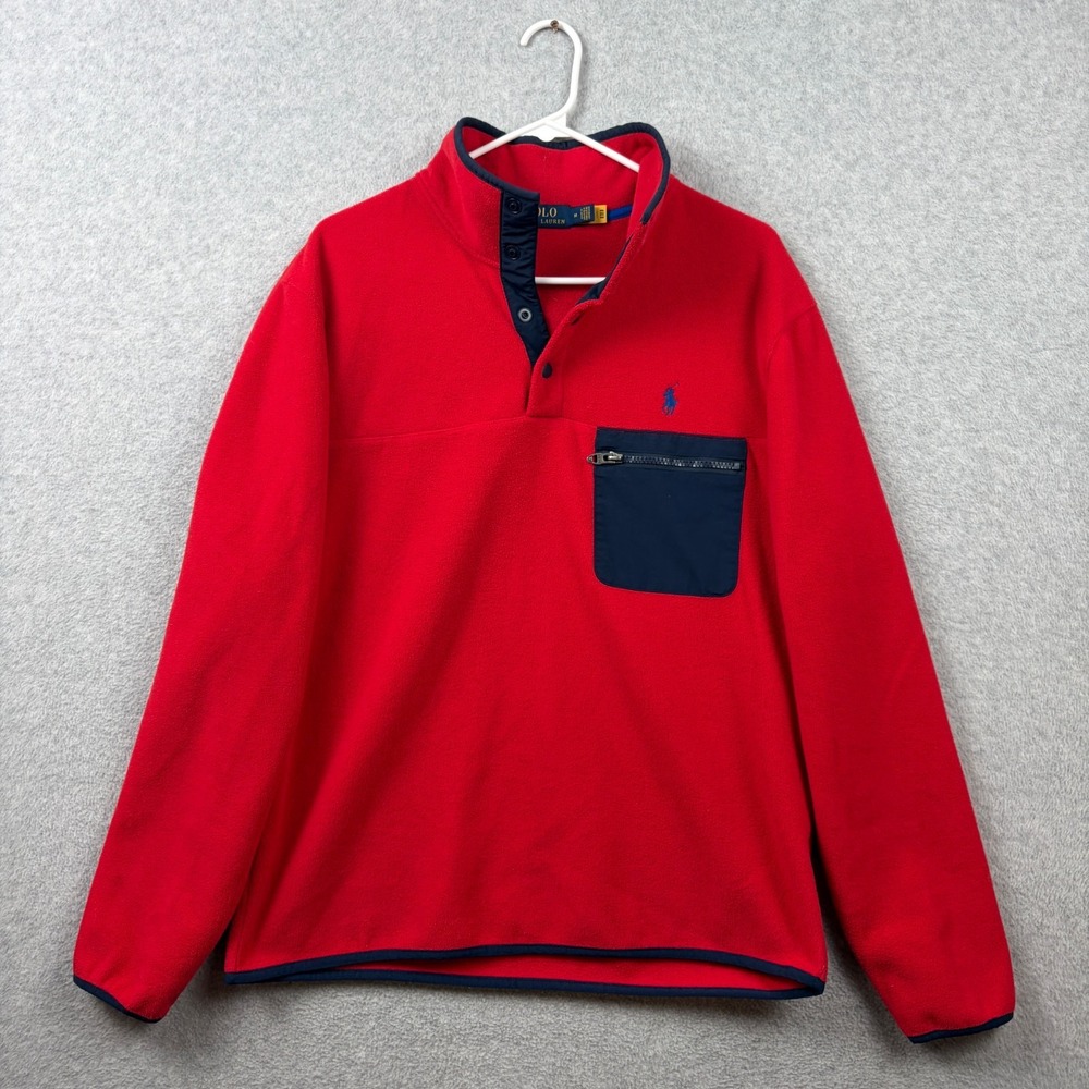Polo Ralph Lauren Jacket Mens Medium Red Fleece Snap T Pullover Chest Zip Pocket